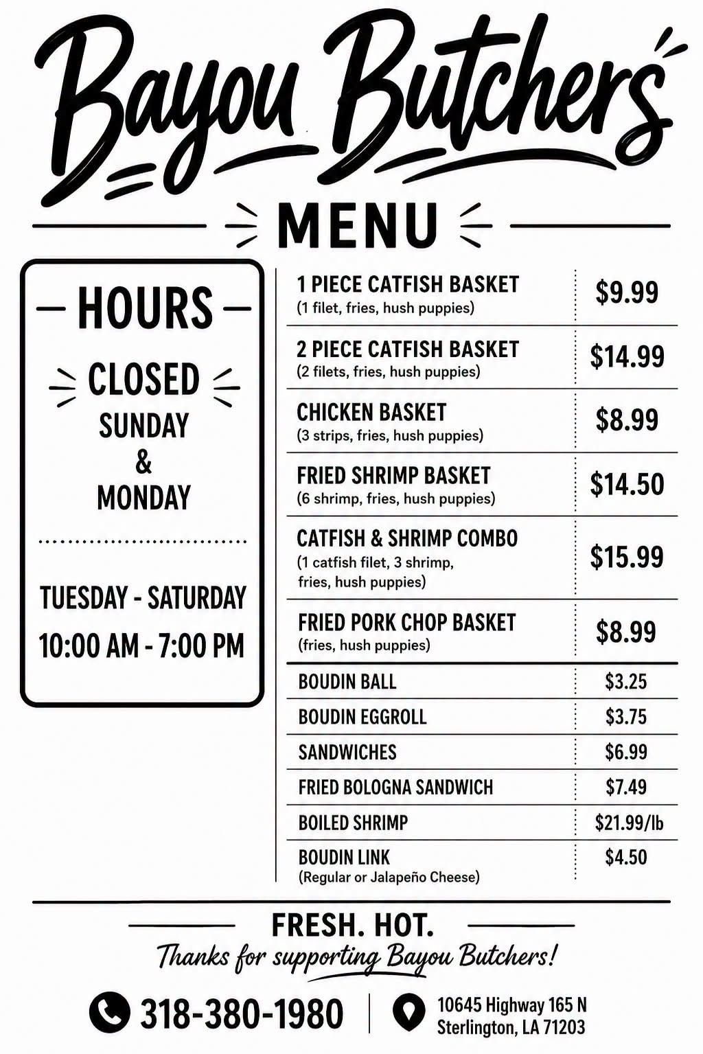 Bayou Butchers menu