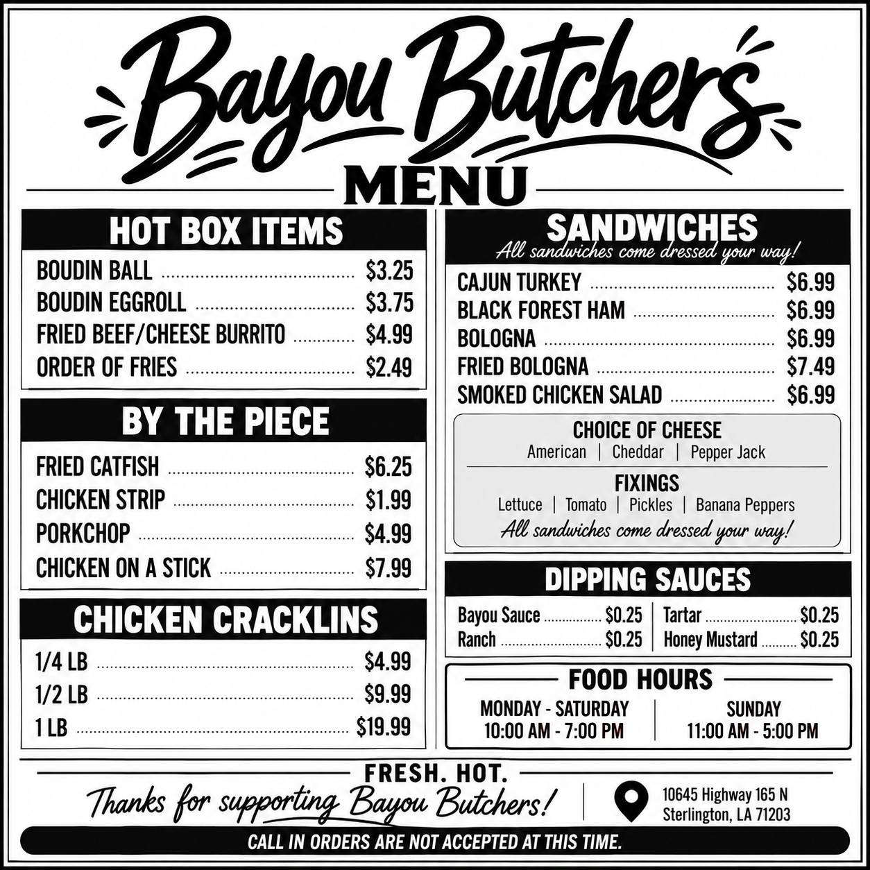 Bayou Butchers menu